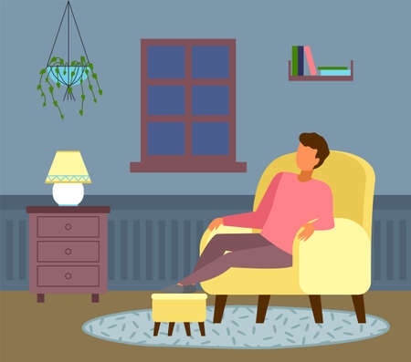 The night outside the window, man dozes off. Relaxing at home. Cozy living room interior, oval fleecy rug, armchair, bedside table with a cute yellow floor lamp, hanging home plant. Flat illustrationのイラスト素材