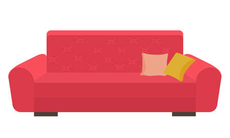 Red fabric upholstery sofa with carriage coupler, decorative pillows. Wide wooden legs. Cozy red sofa, interior item. Living room interior item, relaxing. Flat vector image isolated on whiteのイラスト素材