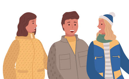 Two women and man, friends standing together. People smile and talk with each other. Person dressed...