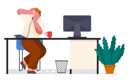 Chaos in office. Office worker with phone scared looking. Unorganized guy try to solve work difficulties in last time. Worker failure deadline, make mistake, confused, broken. Guy has heavy dayのイラスト素材