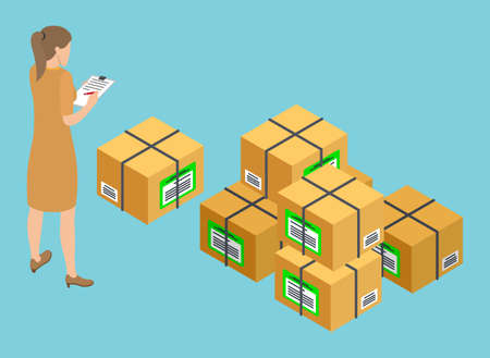 Woman with clipboard checking parcels in list, orders, send to customer. Delivery of goods, products. Cardboxes with stickers, labels, international packages. Boxes on stock. Isometric 3d illustrationのイラスト素材