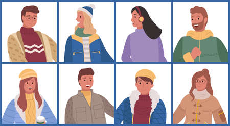 Collection of people wearing winter clothes. Man and woman in warm clothing hats and jackets,...