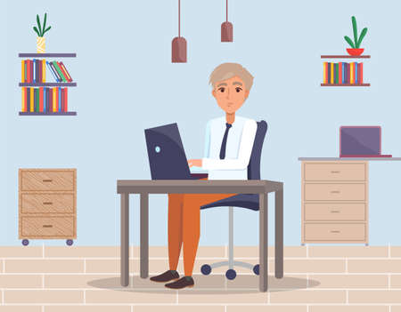 Programmer man sitting at and using laptop, freelance work at home or in office, young guy working online in internet, office worker, businessman, businessperson, web designer and modern technologyのイラスト素材