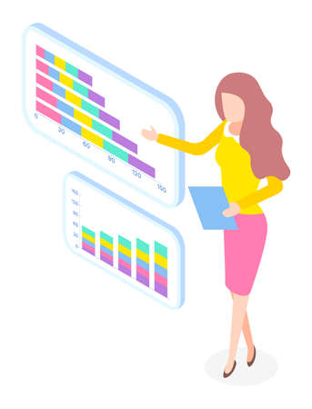 Office worker stylish businesswoman standing near board with presentation. Worker with document presenting growing graphic, web analytics, analysing business statistics. Isometric 3d illustrationのイラスト素材