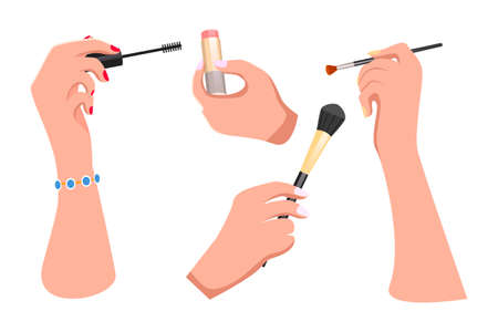 Female hands with cosmetic accessories lipstick, brushes for eyeshadow and blush, mascara. Flat illustration of female arms with cosmetic tools. Beauty accessories. Makeup cosmetics vector handsのイラスト素材