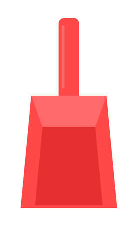 Cartoon red plastic dustpan, sharp shape. Sweep, remove garbage. Do home cleaning. Cleaning agent, mopping, sweeping. Brushes, disinfection elements. Flat simple vector image isolated on whiteのイラスト素材