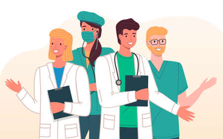 Young doctors different sexes in medical uniform, smiling and waving. Female surgeon wears mask and hat, girl therapist with clipboard, male doctor with stethoscope, male doctor or vet in glassesのイラスト素材