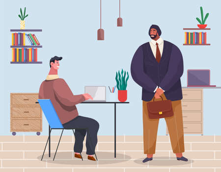Office space, cooperation, business meeting, contract, agreement. Man sits at table with laptop and typing. Man in formal suit standing with briefcase. . Table, chair, shelf, laptop, ceiling lightingのイラスト素材