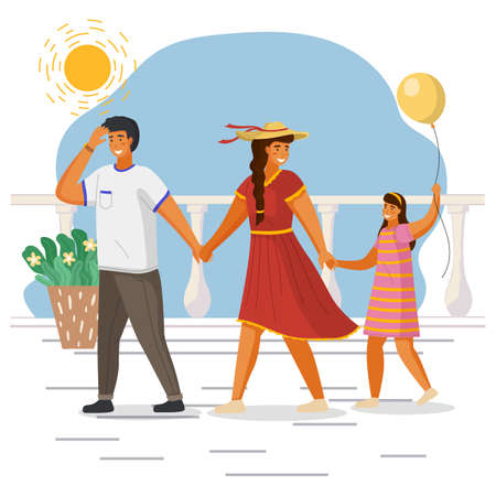 Man in white t-shirt, woman in red dress and wide-brimmed hat leads the girl s hand with balloon. Sea embankment, sea, ocean, bright sun, clear sky. Boat trip, summer resort relaxation. Hot weatherのイラスト素材