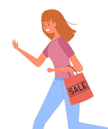 Woman with shopping bag in her hands goes after purchases. Young beautiful fashion shopper girl isolated on white background. Female character is in a hurry to shop. Shopper during the sale in a storeのイラスト素材