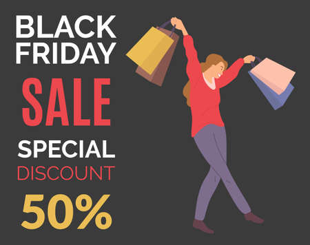 Young beautiful happy girl buys presents on the sale. Female character with shopping bags in her hands on the black friday. Announcement of a fifty percent discount. Special offer in the storeのイラスト素材
