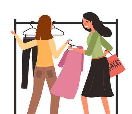 The girls in the store are fighting over the dress. Woman in a store with clothes is choosing a garment. Angry female character is standing with a hanger in her hands. Buyers during the saleのイラスト素材