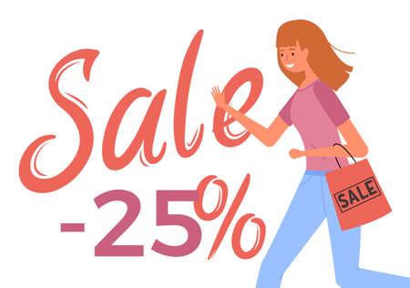 Woman with shopping bag goes after purchases. Young beautiful fashion shopper girl isolated on white background. Female character is in a hurry to shop. Shopper during twenty five percent discountsのイラスト素材
