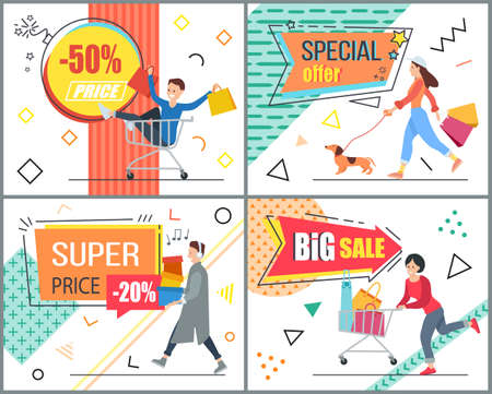 Set of illustrations on the theme of special offer and discounts. People with purchases in the store. Girls and boys going shopping. Advertising and marketing in the background. Super price and salesのイラスト素材