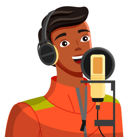 Young tanned guy broadcasting using modern professional equipment Young man in jacket with headphones. Cartoon character, blogger. Brunette with white-toothed smile. Guy blogger chats via microphoneのイラスト素材