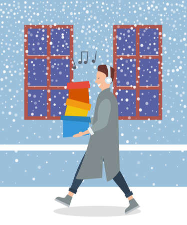 Man is listening to the music. Young handsome fashion shopper guy is singing and holding colorful boxes in his hands. Male character with headphones on his head is walking on the street in winterのイラスト素材