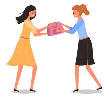The girls in the store are fighting over the bag. Woman in a store with clothes is sharing a purchase. Angry female characters are standing with a pouch in their hands. Buyers during the saleのイラスト素材
