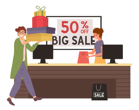 Smiling man with gift boxes in his hands. Young handsome fashion shopper guy goes to the checkout to pay for purchase. Male characteris buying christmas presents for holiday. Cashier serves the clientのイラスト素材