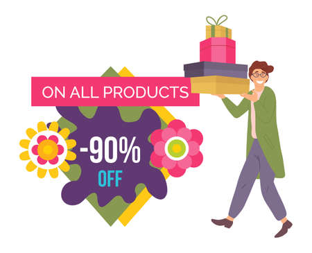 Announcement of ninety percent discount on all products. Smiling man with gift boxes in his hands near containers on the floor. Young handsome fashion shopper guy carrying presents. Sale advertisingのイラスト素材