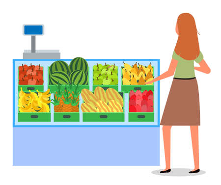 Girl next to the food counter. Supermarket sales concept. Shopping in the grocery store. Woman in the store is buying fresh food. Female character shopping with a choice between fruit and vegetablesのイラスト素材