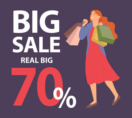 Announcement of seventy percent discounts. Girl with shopping bags in her hands is smiling happily during the sale. Young beautiful happy girl picks up multi-colored packages on dark blue backgroundのイラスト素材