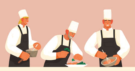 Chef and cooks prepare dishes. Catering and eating out . Cook s profession. Restaurant menu. Sous chef cooks dish, puts greens on a plate. Male cook beat sauce with a whisk. Flat image illustrationのイラスト素材
