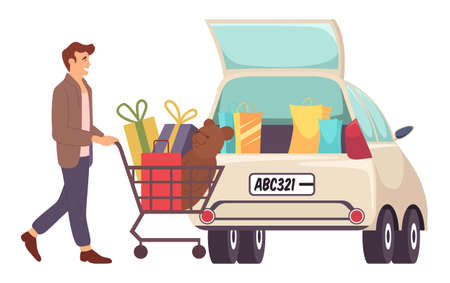 Smiling man with gift boxes in the shopping cart. Young handsome fashion shopper guy is loading purchases into the trunk of a car. Male character in store is buying christmas presents and toysのイラスト素材