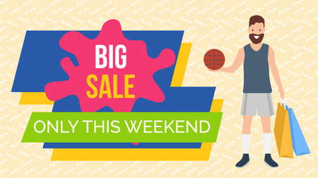 Promotion of sales and discounts in the store. Young shopper fashion guy shopping on black friday. Man with shopping bags and a ball in his hands is smiling. Male character is going to play basketballのイラスト素材