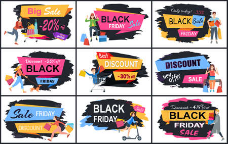 Set of illustrations on the theme of discounts and black friday. People with purchases rush to the sale. Girls and boys are going shopping in the store. Advertising and marketing in the backgroundのイラスト素材
