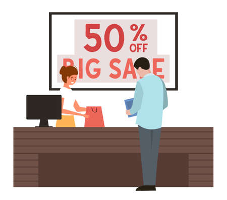 The guy is paying for the purchase at the checkout. The man is buying clothes in the store. Cashier is serving the customer on sale. Male characters during shopping and fifty percent discountsのイラスト素材