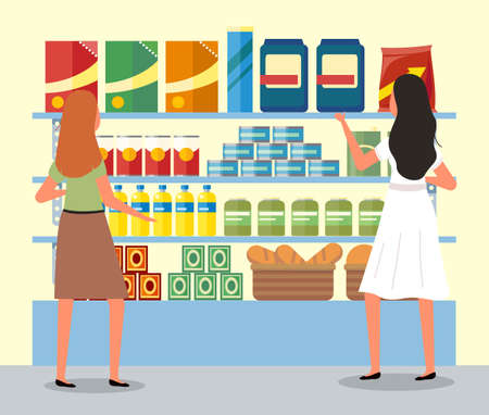 Girls next to the food counter are choosing goods. Women are communicating during a shopping. Supermarket sales and discounts concept. Female buyer is shopping in the grocery store with purchasesのイラスト素材