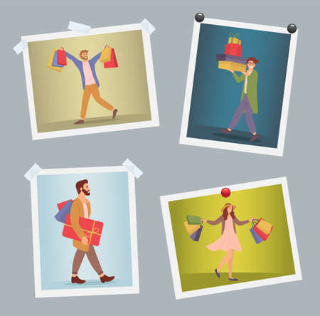 Set of illustrations on the theme of holiday shopping and presents for christmas. Happy people buy gifts. The group with packages with purchases in their hands. Buyers pictures are hanging on the wallのイラスト素材