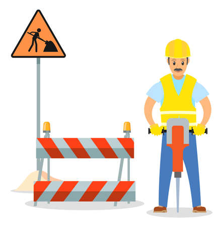 Road repair flat vector illustration. Male worker with jackhammer. Maintenance and construction of pavement concept. Special equipment for fencing the way. Street barrier for roadwork and buildingのイラスト素材