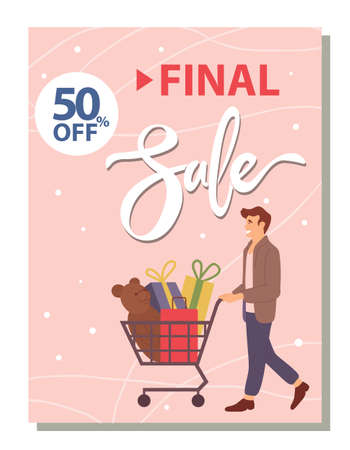 Final fifty percent discount announcement. Photo of a smiling man with gift boxes and toy bear in the shopping cart on the postcard cover. Young handsome guy isolated on light-pink backgroundのイラスト素材