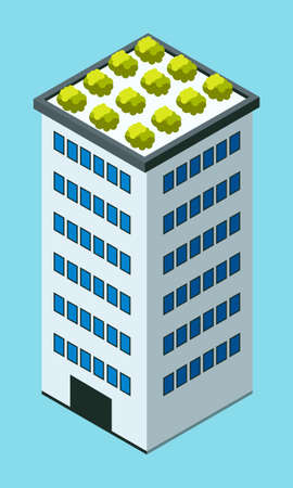 Skyscraper building in city space with green plants on the roof in flat style concept top view isolated on blue. Modern urban structure with house facade. Industrial constructions with apartmentsのイラスト素材