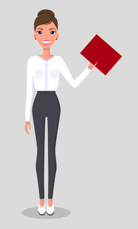 Pretty young slim woman character in business clothes. Smiling business woman standing with a folder in stretched hand. Businesswoman wearing blouse and trousers standing straight at full heightのイラスト素材