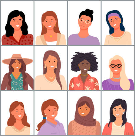 Set of avatars in flat design style. Positive young girl different nationalities. Stylish female faces and shoulders avatars. Portrait of cool students with different skin colors and hairstylesのイラスト素材