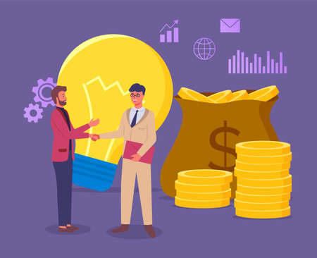 New business idea aimed at increasing profits, conclusion of a deal with a business partner. Flat business concept. Achievements and mission. Businessmen shake hands near bag with money and light bulbのイラスト素材