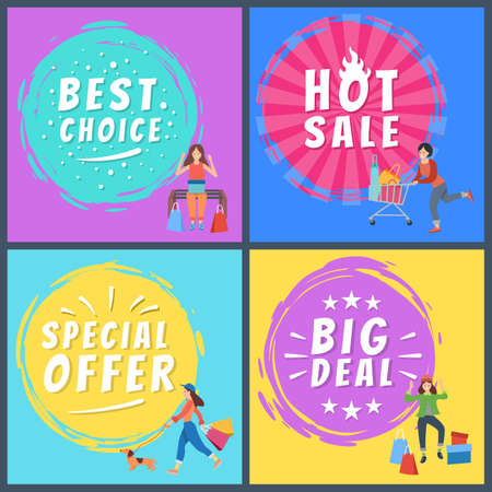 Set of illustrations on the theme of special offer and hot sales. After-shopping activities. Advertising and marketing in the background. The women enjoy purchases. Female character walking the dogのイラスト素材