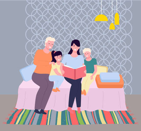 Mother reading a story to children, happy family, fairy tale, vector graphics. Child care, parenting. Mom and grandmother are sitting with son and daughter on the sofa in the room and reading a bookのイラスト素材