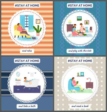 Stay at home concept, people sitting at their home, relaxing on sofa, taking a bath, reading books and playing with kids. Family sitiing at home keeping the distance. Quarantine or self-isolationのイラスト素材