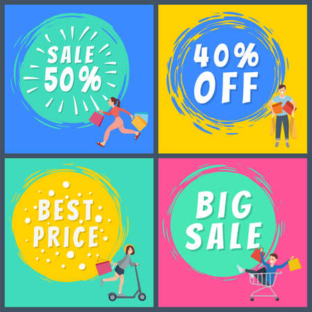 Set of illustrations on the theme of special offer and discounts. People with purchases in the store. Girls and boys going shopping. Advertising and marketing in the background. Super price and salesのイラスト素材