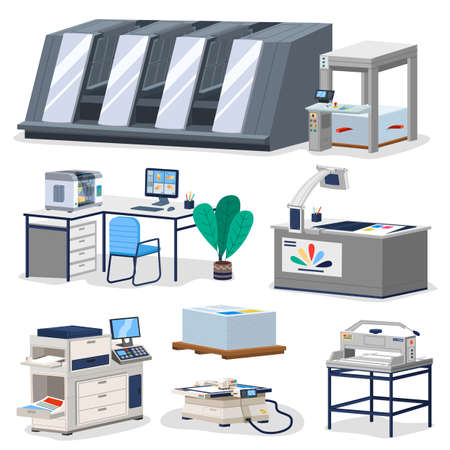 Printing house facility offset production line industrial equipment isolated composition vector...