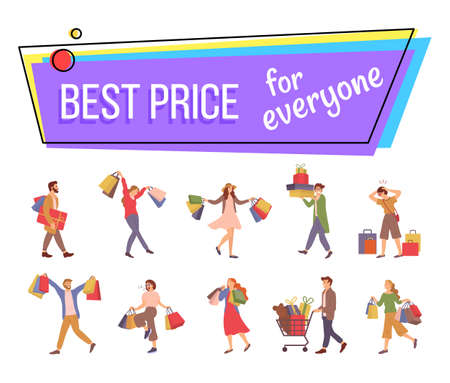Announcement of the best prices for everyone. Customers with purchases in their hands while shopping vector illustration. Group of people buys gifts and prepares for holiday. Sale advertising conceptのイラスト素材
