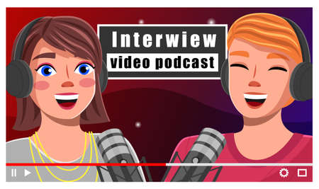 Concept of video player interface. Interview video podcast. Two happy girls with headphones and microphones. Blogger and invited guest making video for social networks, internet, live streamのイラスト素材