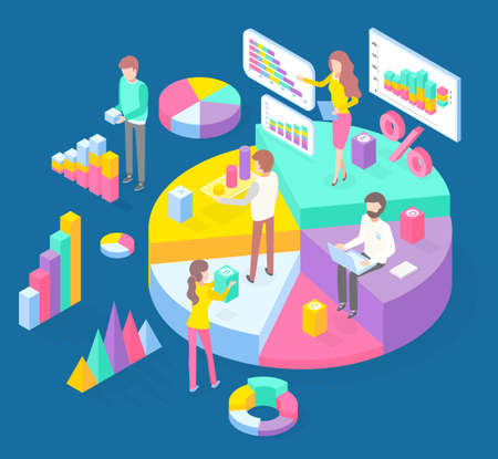 Infographics, isometric 3d charts, pie charts, graphics, pyramids, diagrams, financial strategy, visual presentation, analysis info, statistics people and digital marketing business researchingのイラスト素材