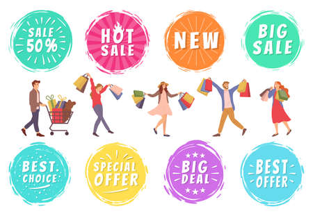 Set of illustrations on the theme of people during the sale. People with packages with purchases in their hands. Group of characters buying gifts fot holiday. Special offer and best choice of goodsのイラスト素材
