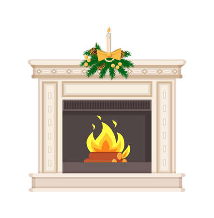 Fireplace in classic style decorated for winter holiday vector. Christmas celebration, aroma candle standing on shelf, burning wood logs wooden materialのイラスト素材