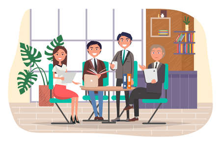 Team of office workers, smiling businesspeople, teamwork, group of people, cheerful woman with document, happy man holding book, boss and employees, colleagues, managers team, business meetingのイラスト素材