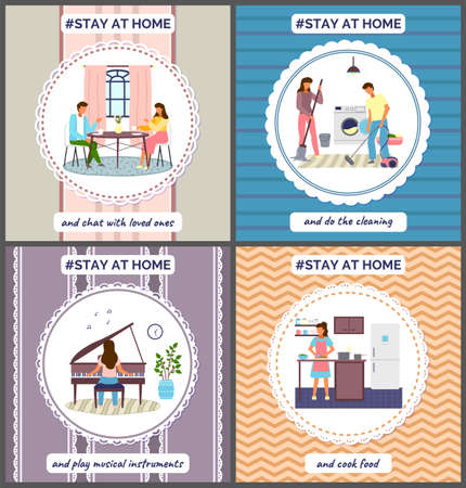 Quarantine self-isolation, stay at home, play musical instruments, chat with loved ones, do cleaning, cook food, prevention of covid-19 or coronavirus, virus outbreak, leisure during world epidemicのイラスト素材